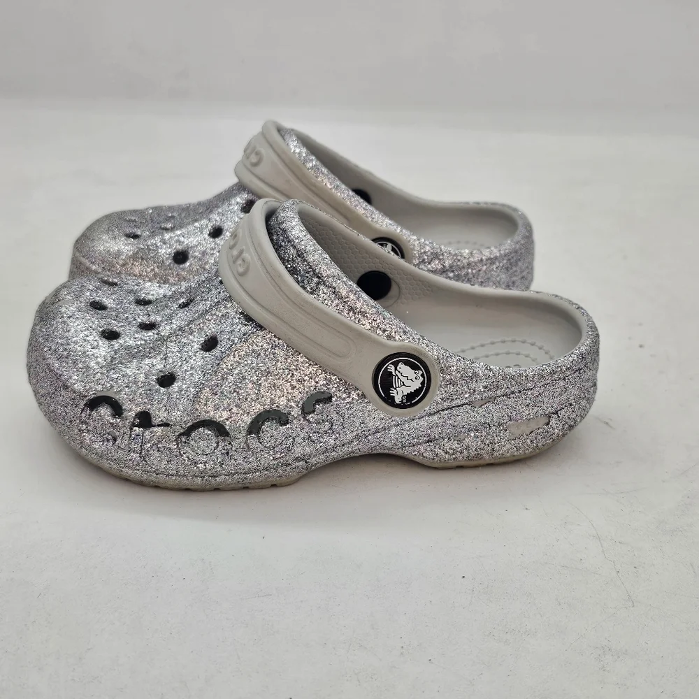 Crocs Baya Glitter Clogs Silver Little Kids Size 9 Toddler Sparkly Comfort Shoes
